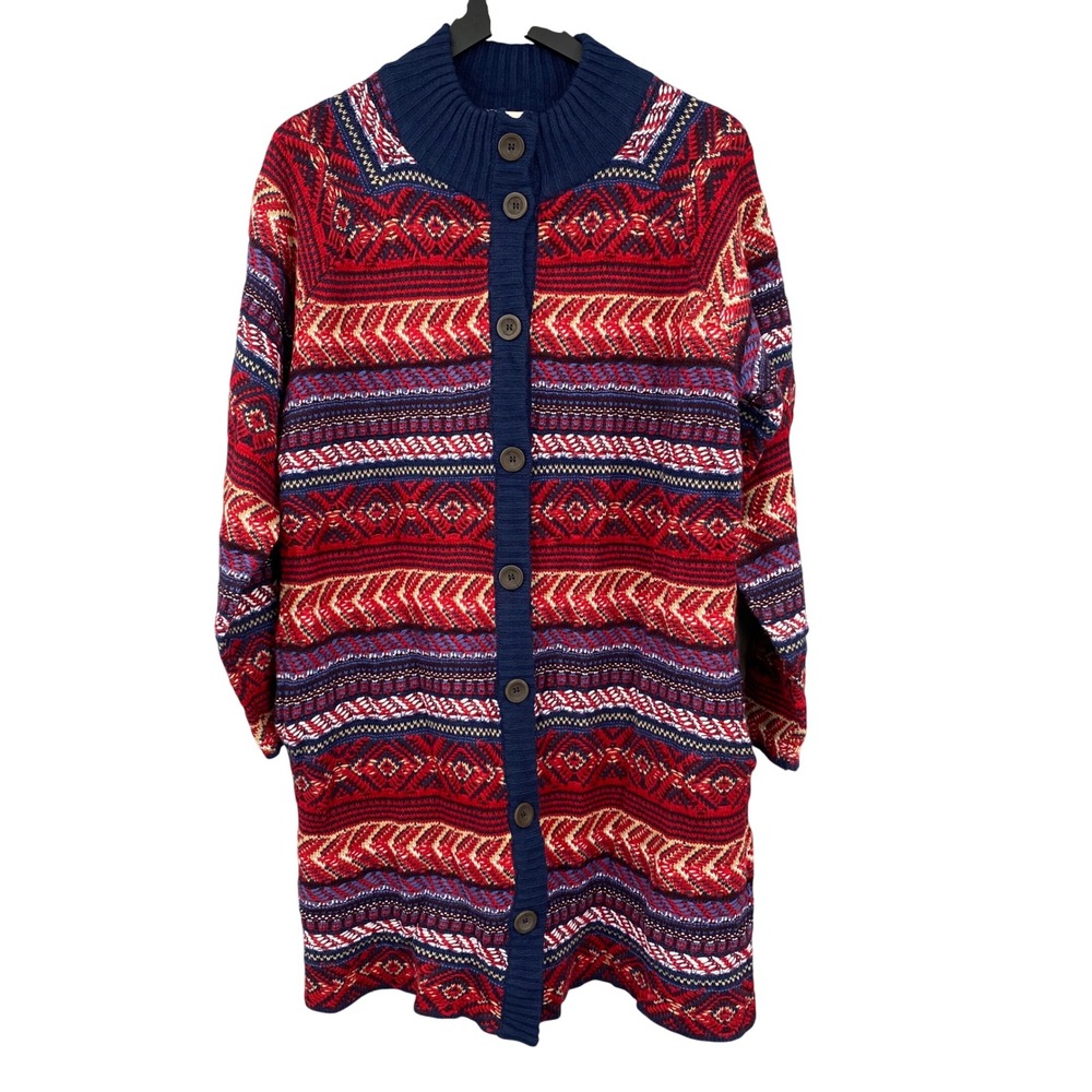ST JOHN'S BAY Womens Cardigan Sweater Large Fair Isle Geometric Knit Blue Red